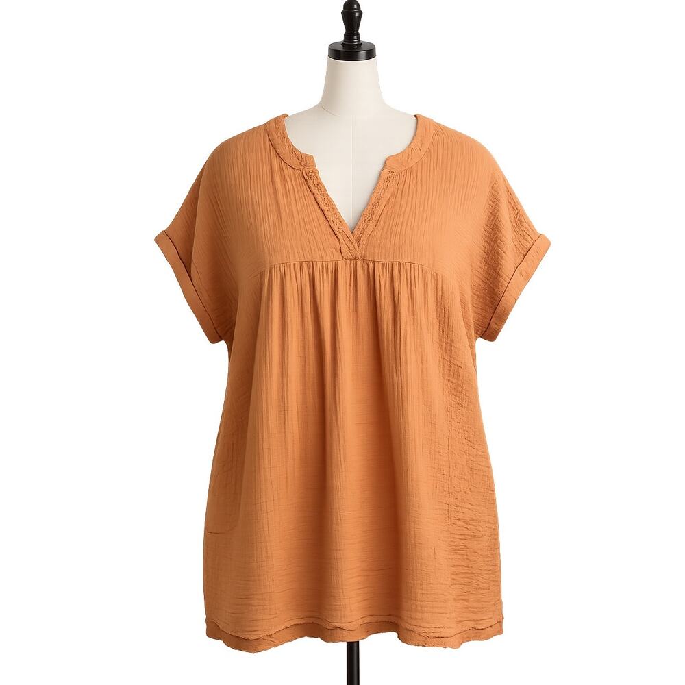 Zenana Gauze Rust Orange Raw Edge Boho Tunic Top  - Size 1X